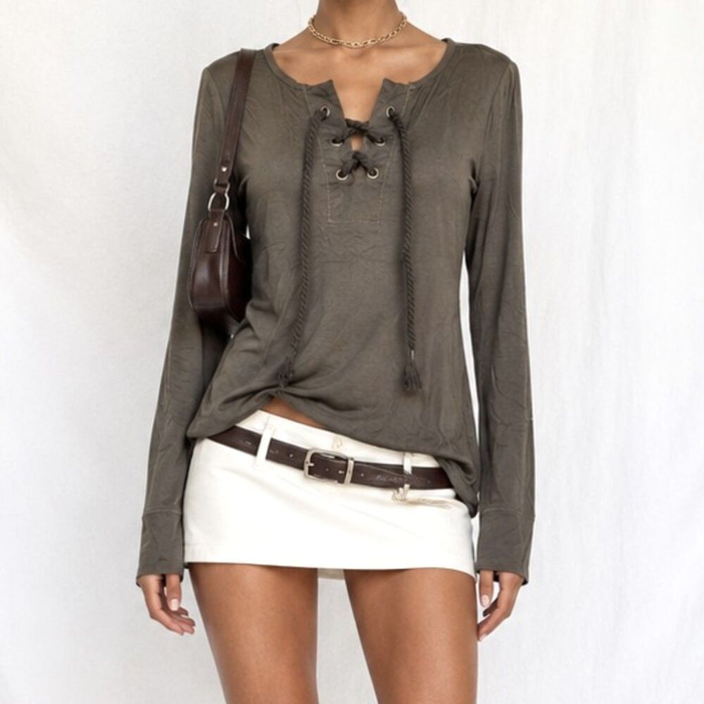 Vintage Y2K 90s Olive Green Lace Up Long Sleeve Knit Henley Blouse Top Size S/M